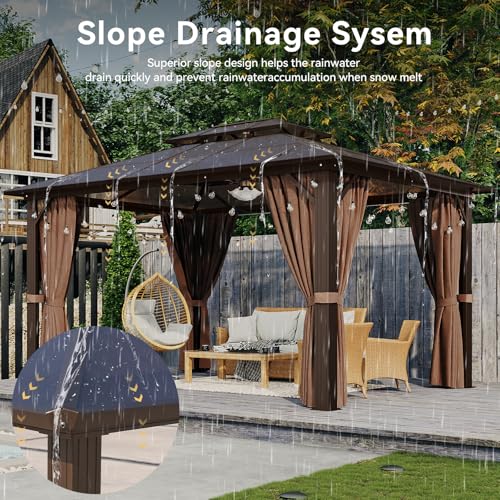 Aoxun 12'x10' Hardtop Gazebo, Aluminum Frame Permanent Pavilion with Curtains and Netting, Outdoor Polycarbonate Double Roof Canopy