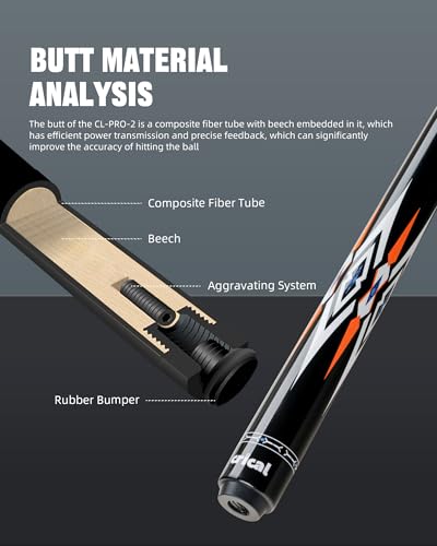 CRICAL Carbon Fiber Pool Cue Stick 58" Billiard Cue Sticks Professional Low Deflection Pool Sticks with 3/8 * 8 Pin Joint and 12.5mm Tip