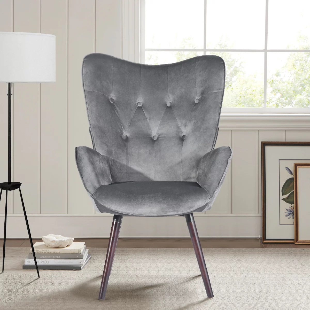 HouseInBox Velvet Accent Chair for Living Room, Gray Wing Back Armchair Tufted Back Upholstery Living Room Chairs