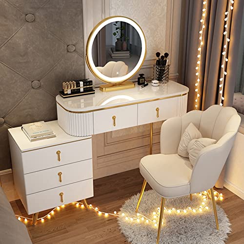 Makeup Vanity Desk With Lighted Mirror, Dressing Table Set With Storage Drawers And Stool, Modern Vanity Table 3-Color Dimmable LED Lighted Mirror
