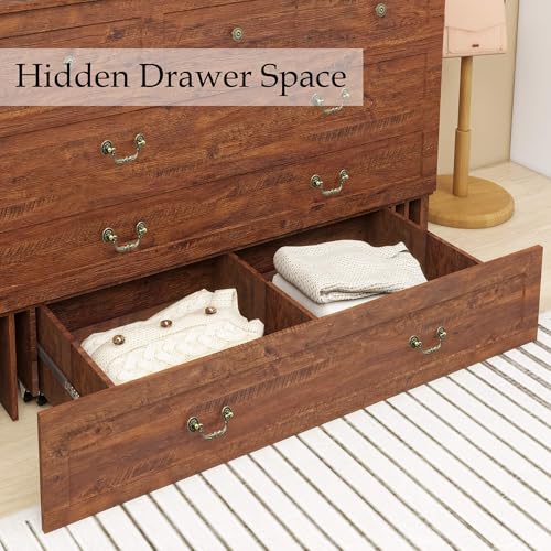 Murphy Bed Queen, Murphy Bed Cabinet with Charging Station, Large Storage Drawer and Shelves for Home Office or Guest Room, Warm White