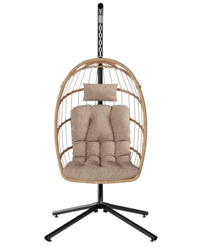 SWITTE Egg Chair Outdoor with Stand, Indoor Wicker Hanging Egg Swing Chair with Cushion, 350lbs Capacity for Patio, Bedroom, Garden - Gray