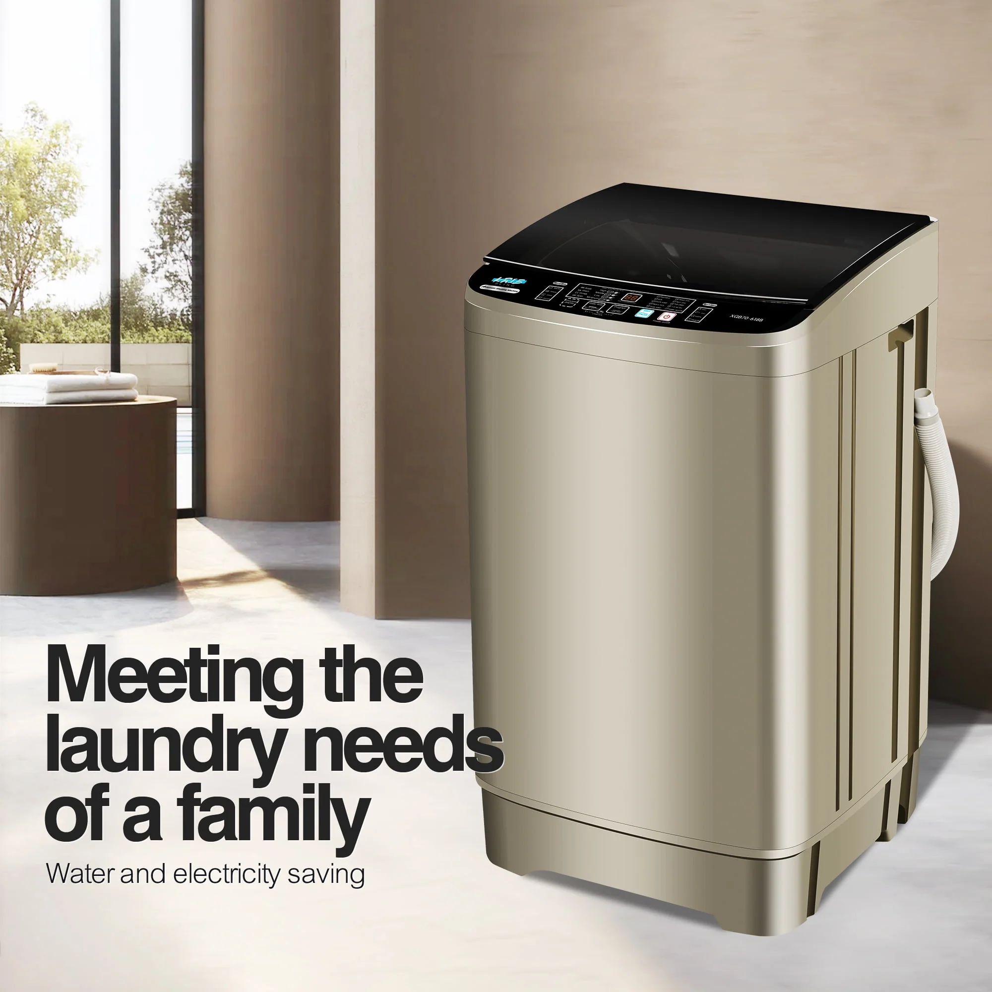 KRIB BLING Portable Washing Machine, 17.7 lbs Large Capacity Full Automatic Washing Machine, Compact Laundry Washer for Home Apartment, Coffee Gold