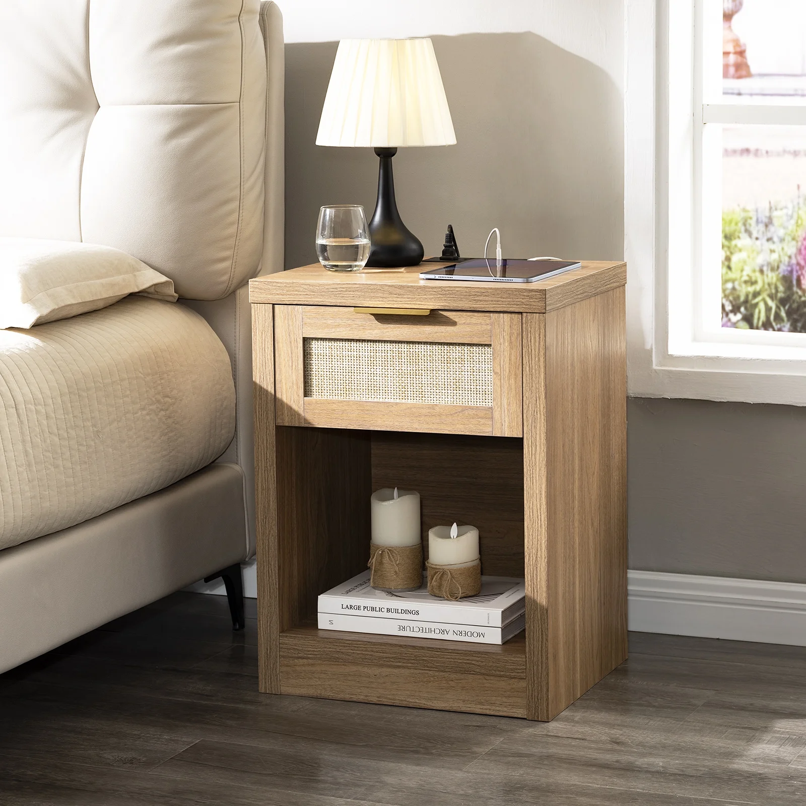 OAKHAM Rattan Nightstands Set of 2 with Charging Station, Boho Bedside Table with Drawers, End Table for Living Room, Bedroom, Weathered Oak