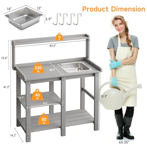 Potting Bench, Outdoor Potting Bench Table with Removable Sink, HDPS Potting Benches for Outside, Garden Table with Storage Shelves & 4 Side Hooks