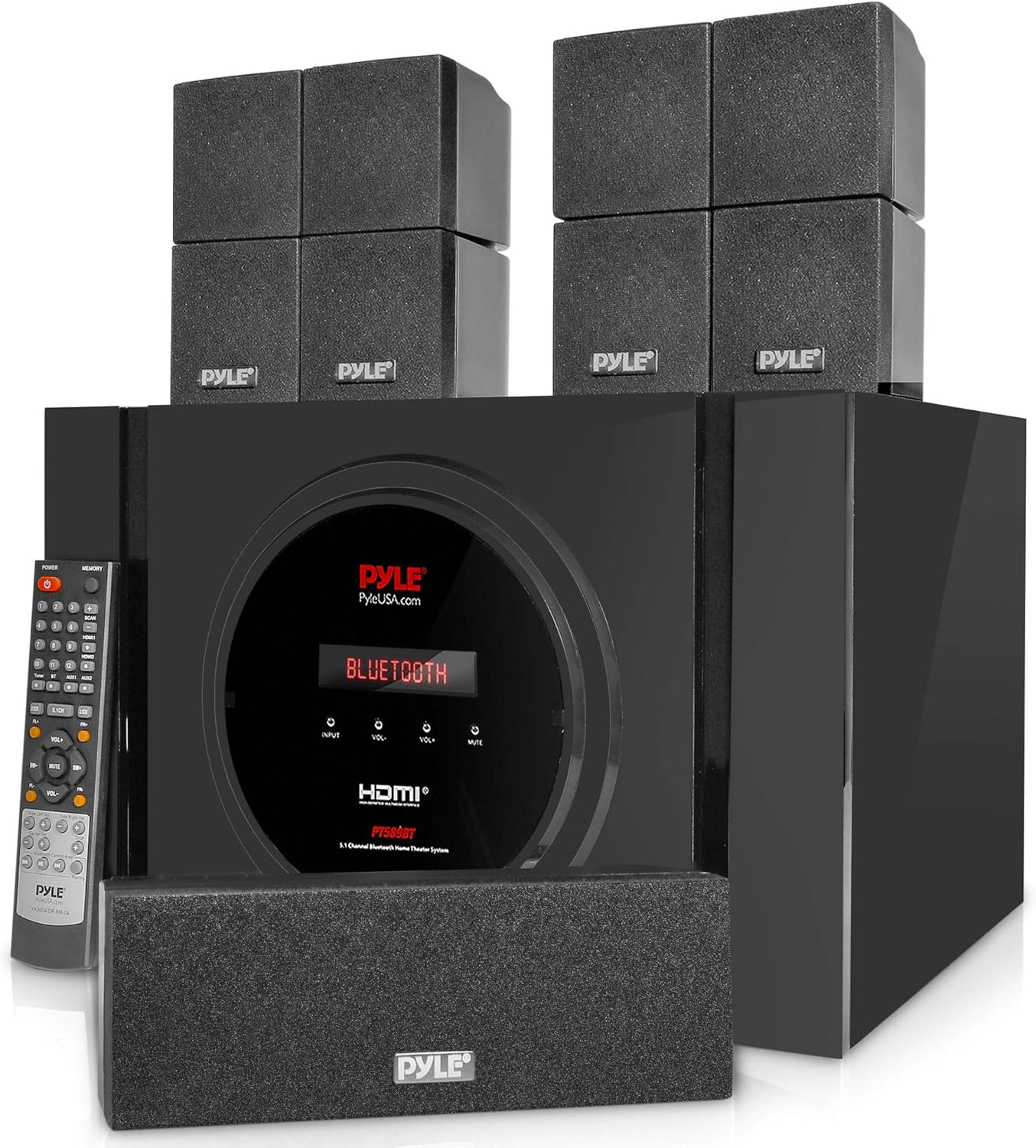Pyle 5.1 Channel Home Theater Speaker System - 300W Bluetooth Surround Sound Audio Stereo Power Receiver Box Set w/ Built-in Subwoofer, 5 Speakers