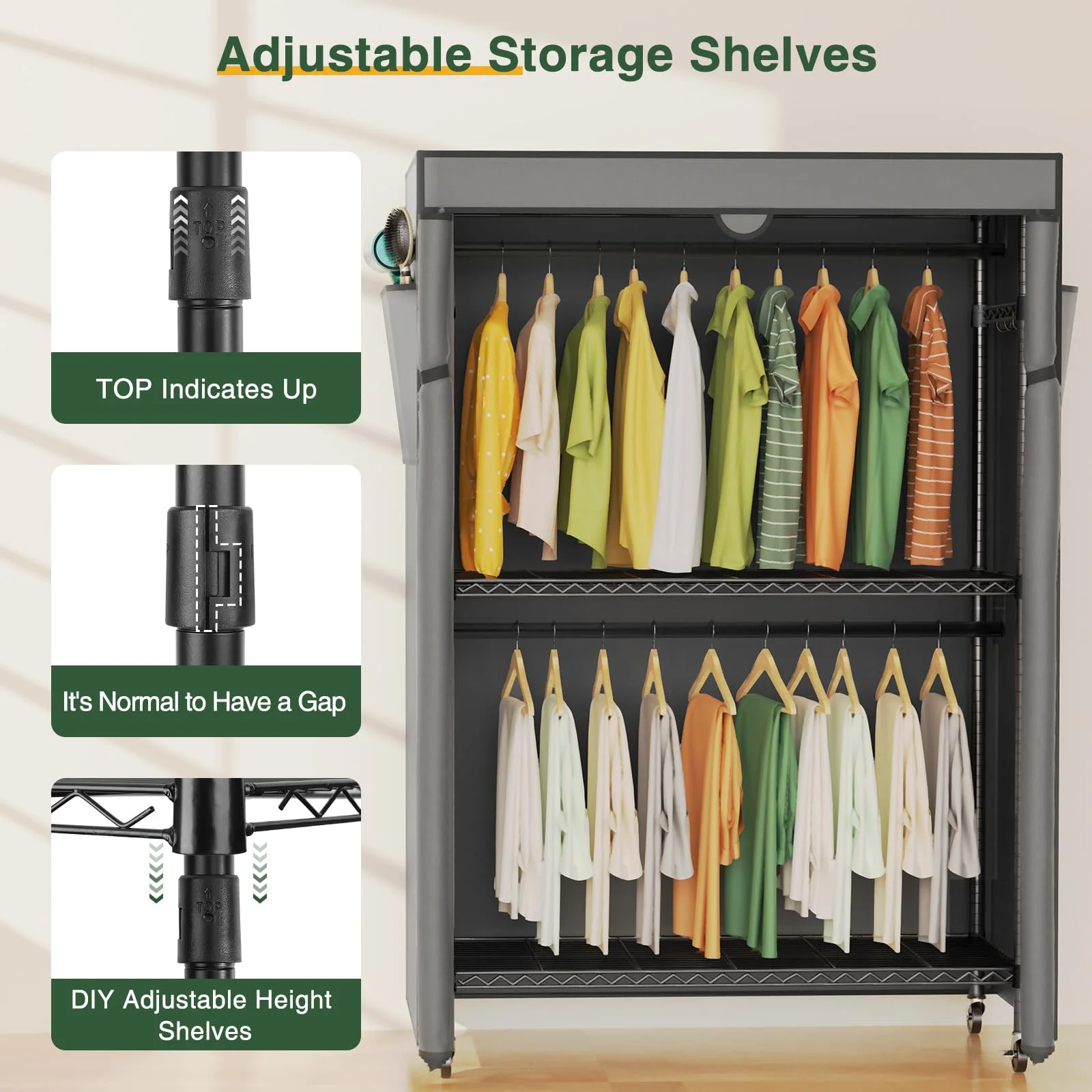 LEHOM G1C Heavy Duty Covered Clothes Rack, Garment Rack for Hanging Clothes with Shelves, Freestanding Clothing Rack with Grey Oxford Fabric Cover