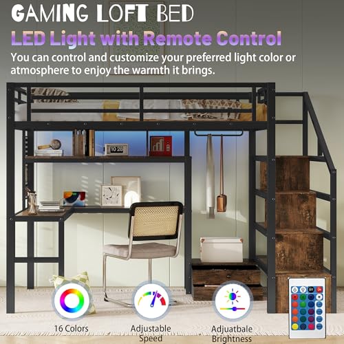 Queen Loft Bed with L-Shaped Desk and Stairs,Metal Queen Size LoftBed with Wardrobe and Adjustable Shelf, Gaming Bed with LED and USB