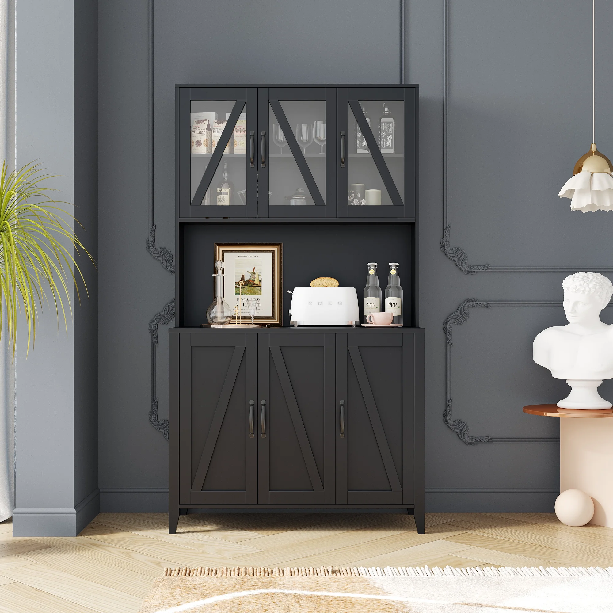 paproos Buffet Cabinet with Hutch, Kitchen Pantry Storage Cabinet, Black Sideboard for Kitchen, Storage Microwave Cabinet with Storage Space