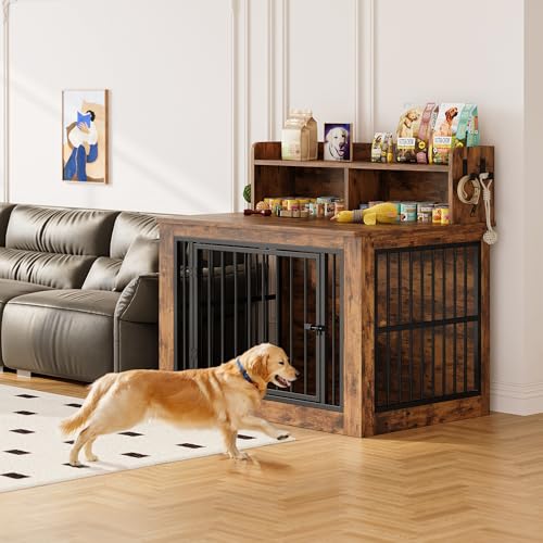 IRONCK Extra Large Dog Crate Furniture, 43.3 inches Wooden Dog Crate with Storage and 4 Hooks, Heavy Duty Pet Crate for Large Dog