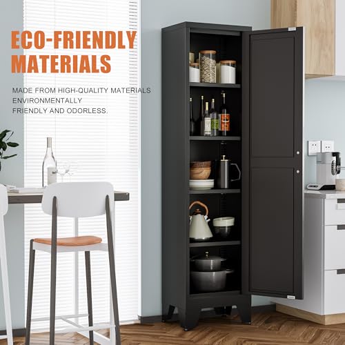 Tall Bathroom Cabinet,Narrow Metal Storage Cabinet with 5 Adjustable Shelves and Single Barn Door,Slim Pantry Storage Organizer for Bathroom,Kitchen