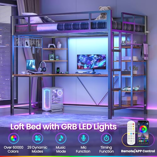 MSmask Loft Bed Twin Size with L Shaped Desk, LED Lights, Charging Station, Heavy Duty Metal Loft Bed Frame with 6 Storage Shelves