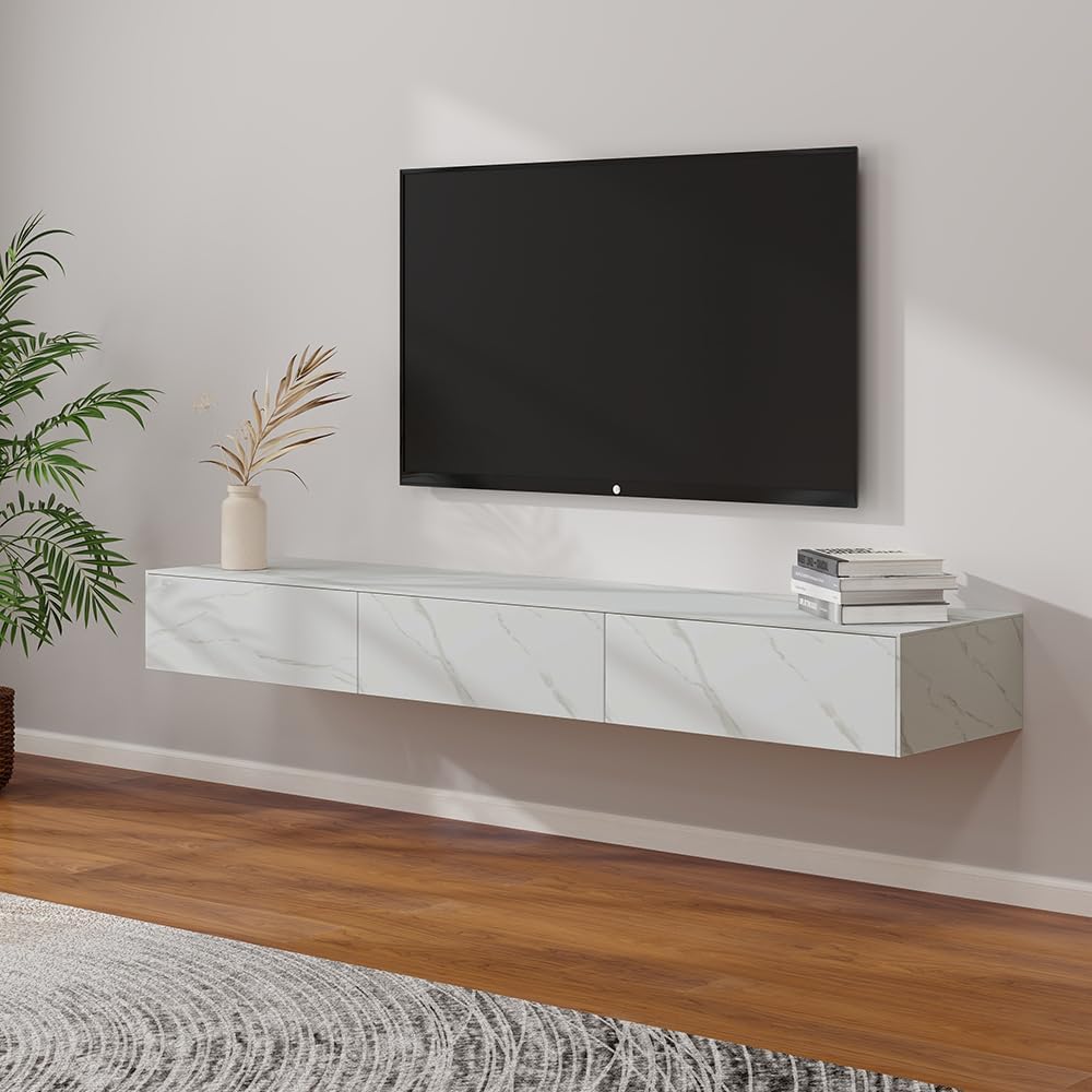 POVISON Floating TV Stand, 70.87 inch White Modern TV Stand with 3 Drawers,Sintered Stone Floating Entertainment Center, Minimalist TV Stand