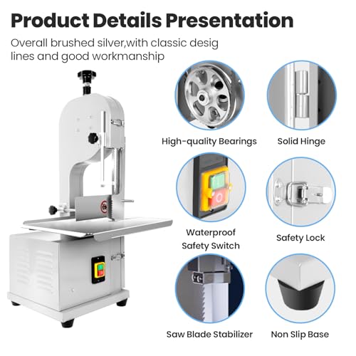 1000W Electric Bone Saw Machine, 18x14" Stainless Steel Worktable, Cuts 0.04-3.9" Thickness, Frozen Meat Cutter with 8 Blades Included