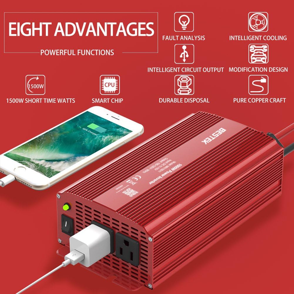 BESTEK Power Inverter 1000 Watt DC 12 Volt, Power Converter 1000w DC to AC Converter for Car