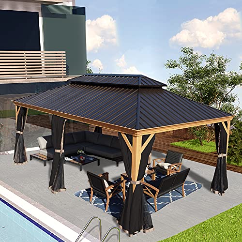 Kozyard Apollo 10’x12’ Hardtop Gazebo, Wooden Coated Aluminum Frame Canopy with Galvanized Steel Double Roof