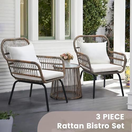 3 Piece Rattan Wicker Bistro Set, Outdoor Conversation Furniture Set with Glass Top Table, Space Saving for Balcony, Backyard, Natural