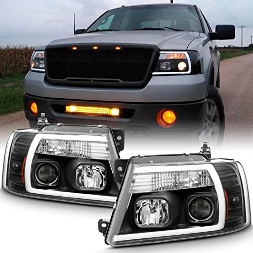 AKKON - Fits 2004-2008 Ford F150 Pickup LED Parking Tube Bar Projector Black Headlights Pair Driver Left+Passenger Right