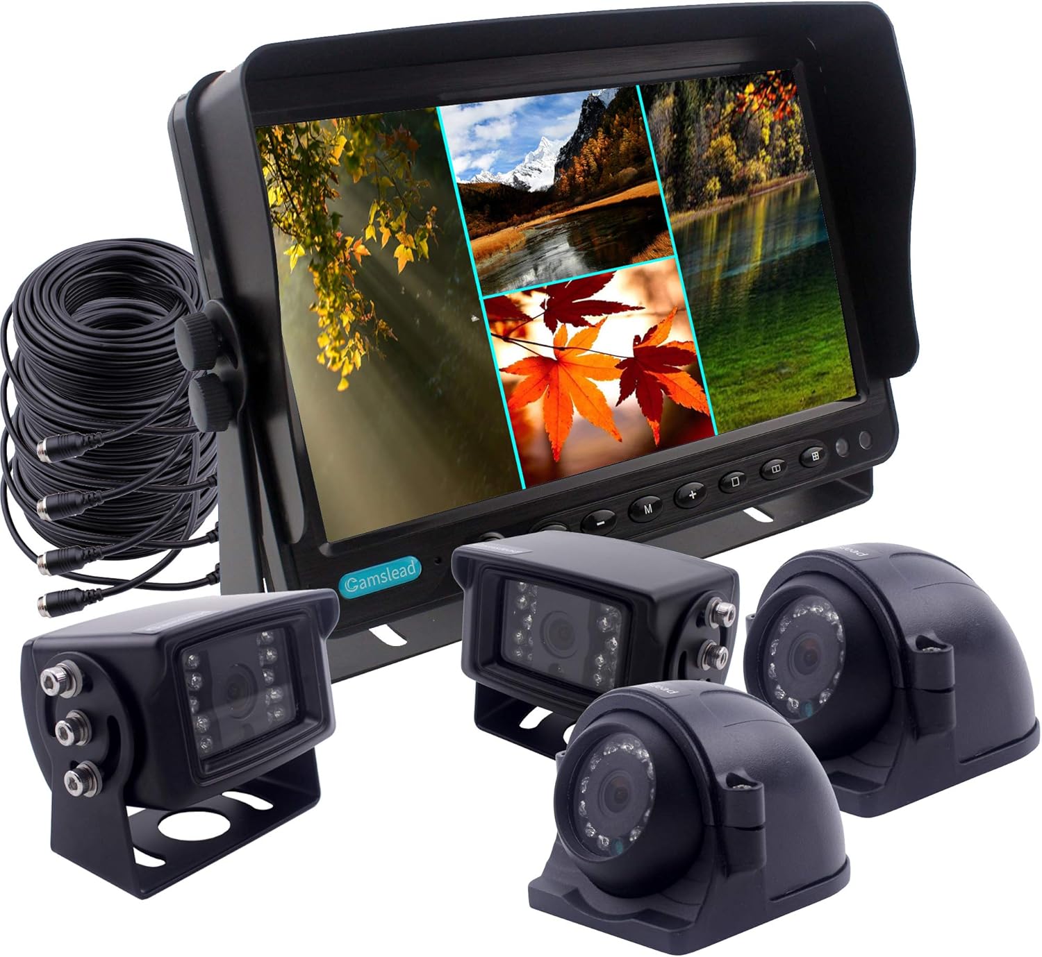CAMSLEAD Heavy Vehicle Safety Camera System 9 inch Monitor with Quad Split Screen, 2 x Side Cameras + 2 x Backup Camera