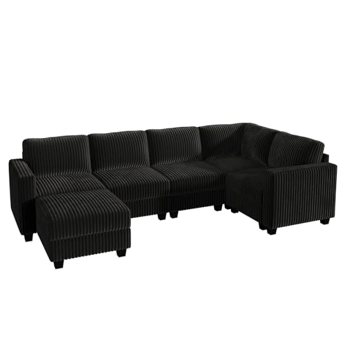 HONBAY Corduroy Modular Sectional Couch with Storage L-Shaped Sectional Couches for Living Room 6 Seater Modular Sofa, Dark Gray
