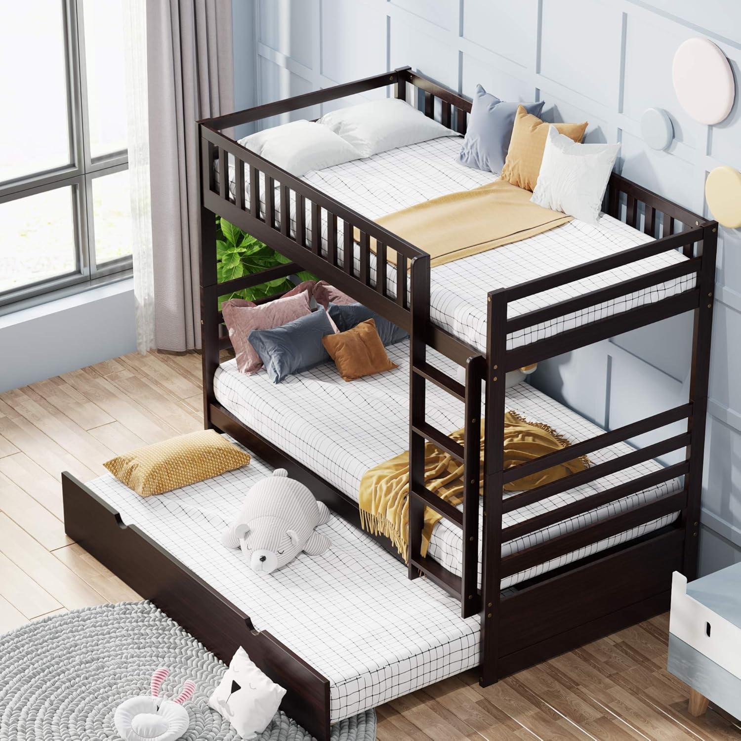 kupet Twin-Over-Twin/King Bunk Bed with Trundle, Bunkbed with Staircase & One Drawer & Two Open Shelves for Kids Bedroom, White