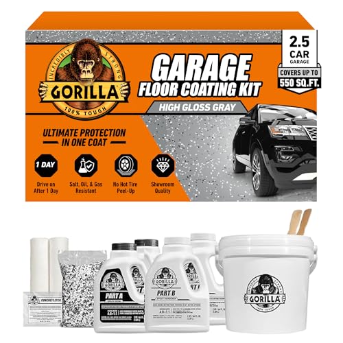 Gorilla Epoxy Garage Floor Coating (7 pc) Kit, 1-Car, Concrete Flooring, 100% Solids, Superior Adhesion, Incredibly Durable High Gloss Gray Finish