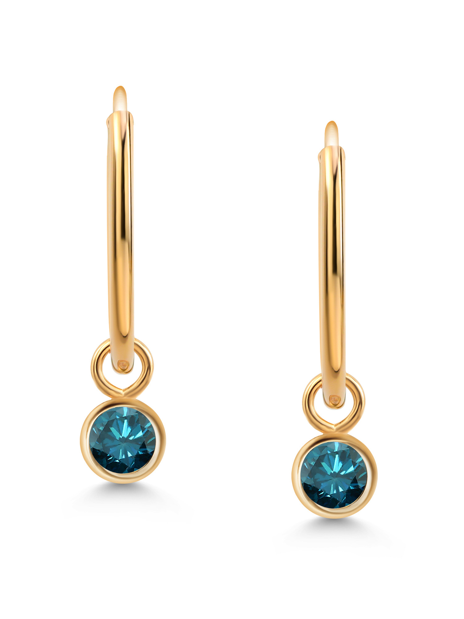 Gem Stone King 14K Yellow Gold Blue Diamond Snap Closure Continuous Endless Drop Dangle Hoop Earrings For Women (0.20 Cttw,  Round 3MM)