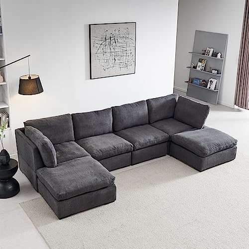 129" Convertible Sectional Sofa Couch for Living Room U Shaped Sofa Couch Cloud Sofa Modular Sectional Sofa Couch with Ottoman Feather Filled for
