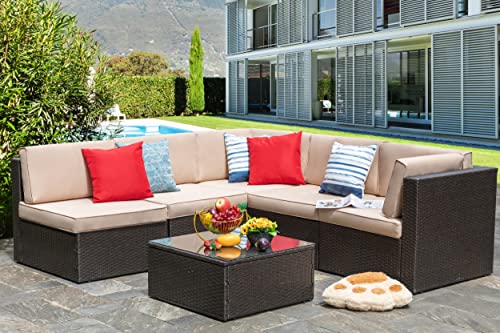 Vongrasig 6 Pieces Outdoor Patio Furniture Set, PE Wicker Rattan Sectional Sofa Patio Conversation Sets with Coffee Table for Garden, Backyard
