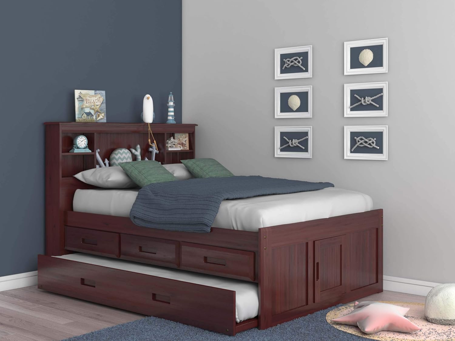 Full Bookcase Bed with 3 Drawers & Trundle Merlot
