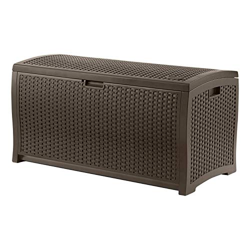 Suncast Outdoor Storage Box - 73 Gallon Mocha Brown Deck Box for Patio, Waterproof Outdoor Storage Bench, Resin Wicker Style, Heavy-Duty