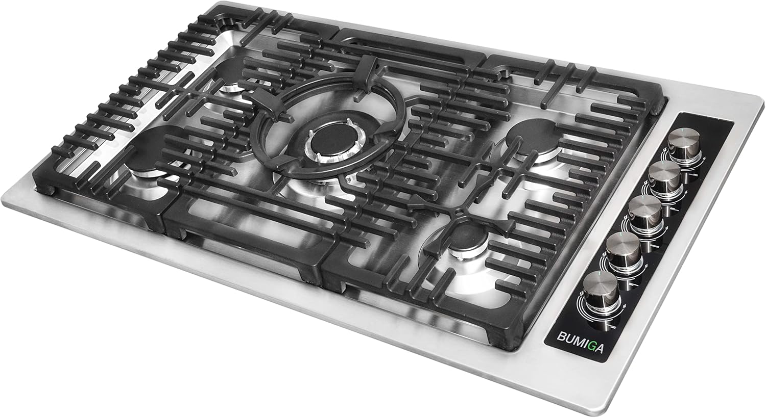 36 In Gas Cooktop Stainless Steel White LED knobs, 270 degree valve, Pot rack, 5 Italy SABAF Sealed Burners counter-Top Cooker, Cast Iron Grate