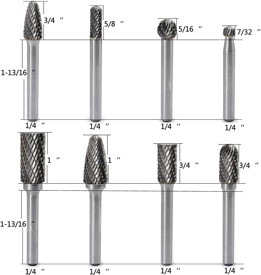 Carbide Burr Set 8pcs JESTUOUS 1/4 Inch Shank Diameter Double Cut Rotary Files Metal Grinding Polishing Carving Tool Drill Bits for Die Grinder Kits