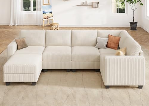 HONBAY Corduroy Modular Sectional Couch with Storage L-Shaped Sectional Couches for Living Room 6 Seater Modular Sofa, Dark Gray