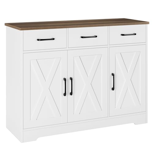 HOSTACK Modern Farmhouse Sideboard Buffet Cabinet, Barn Doors Buffet Storage Cabinet with Drawers and Shelves