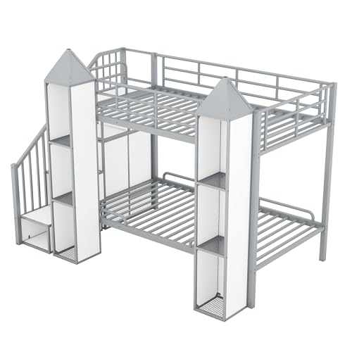 Full-Over-Full Castle Style Bunk Bed with 2 Drawers and 3 Shelves, Wood Bunk Bed Frame with Slide and Storage Staircase for Kids Teens Boys Girls