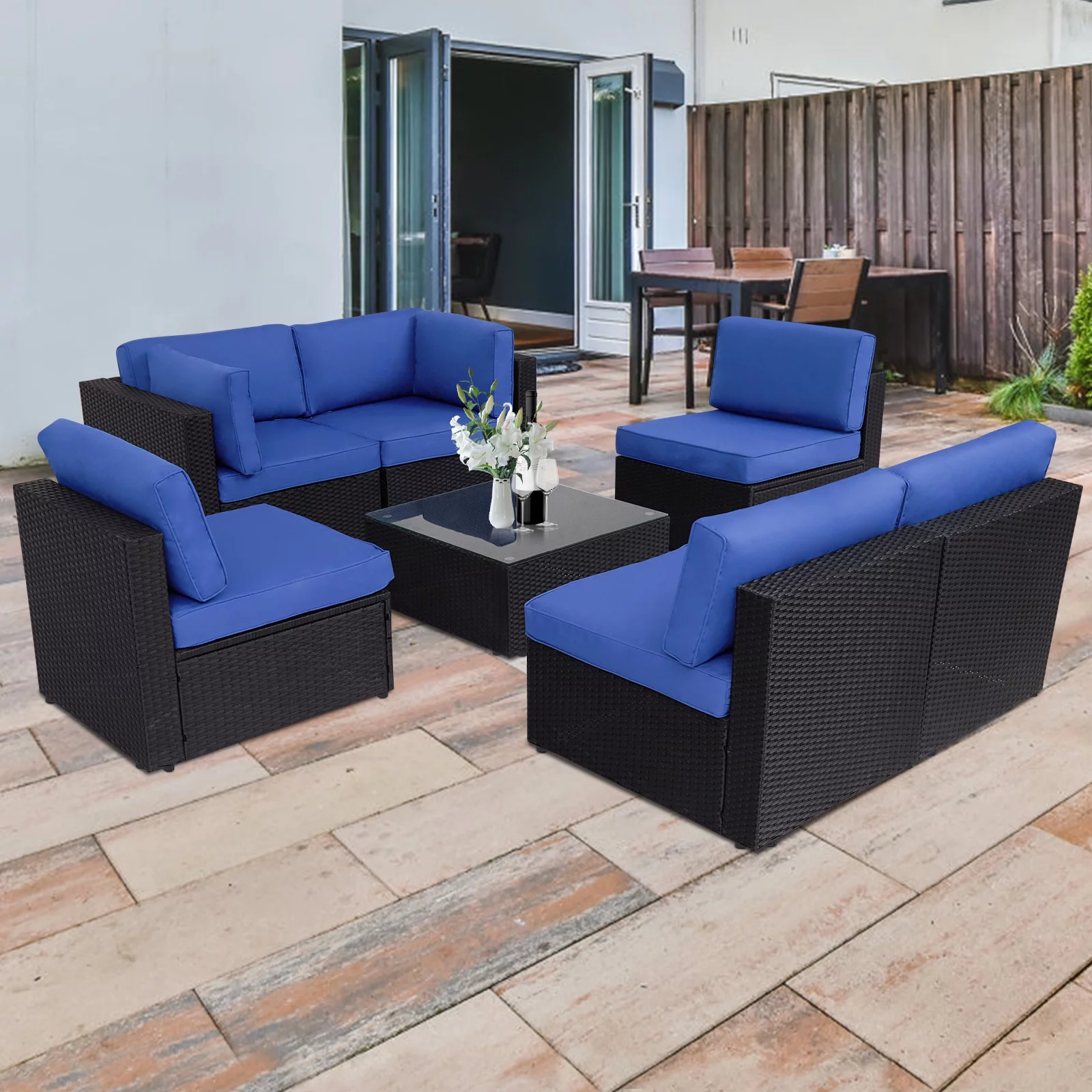 Kinbor 7pcs Outdoor Patio Rattan Wicker Furniture Sectional Sofa Set with Dark Blue Cushions