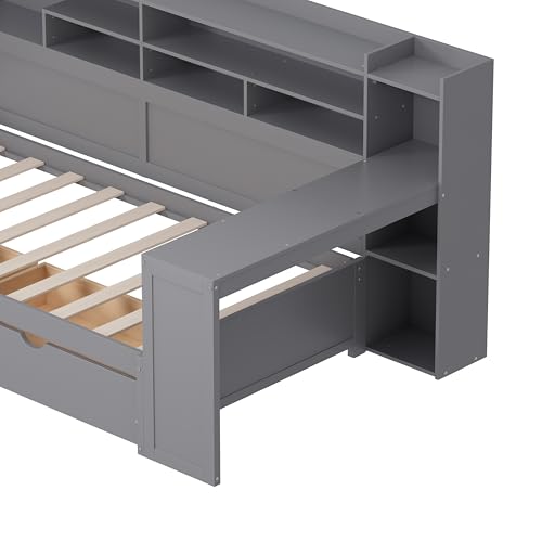 Bellemave Twin Corner Bed Frame with Storage Shelves and Desk, Wood Twin Size Daybed with Bookcase and Drawers and Storage, Gray