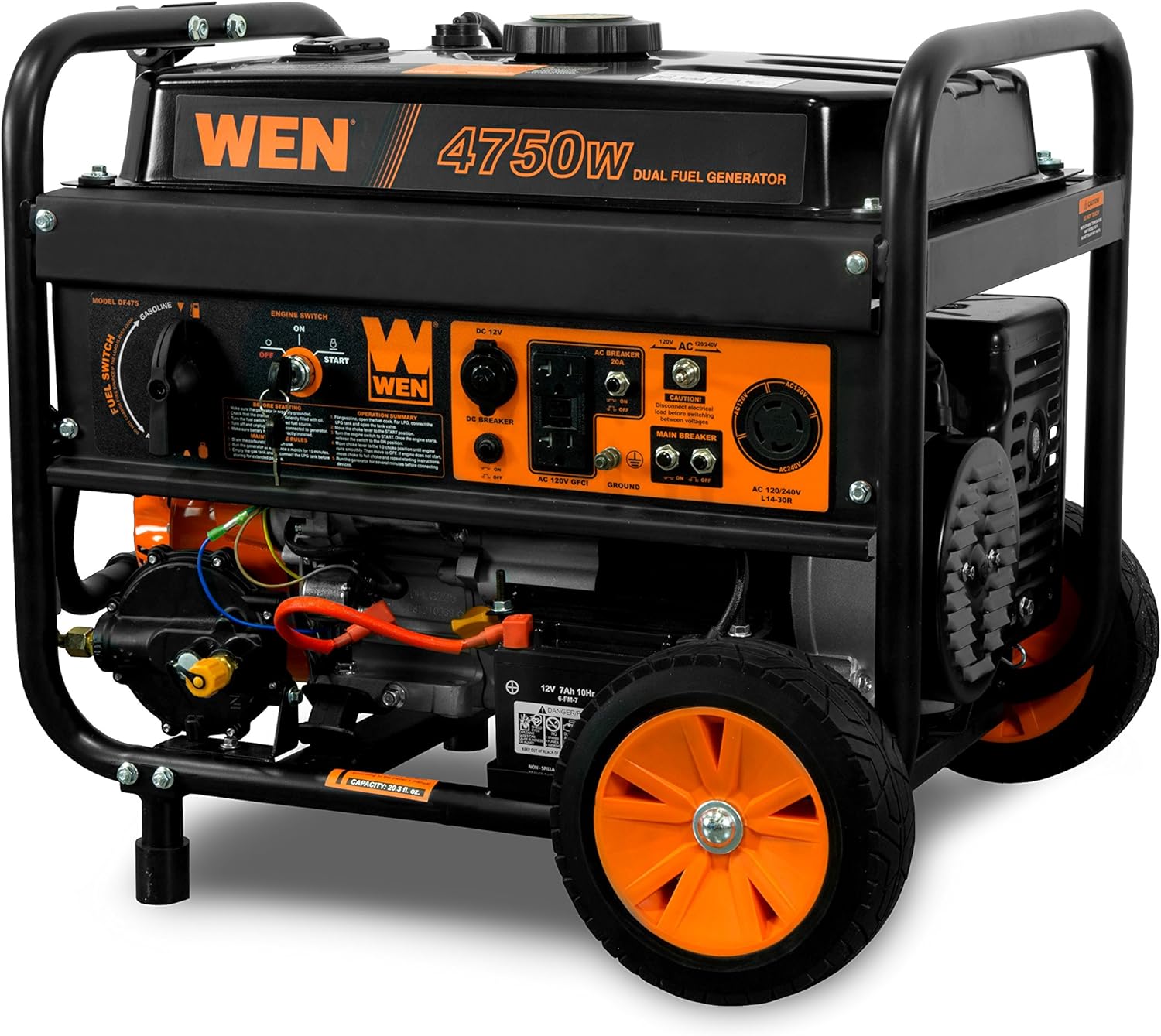 WEN DF475T Dual Fuel 120V/240V Portable Generator with Electric Start Transfer Switch Ready, 4750-Watt, CARB Compliant