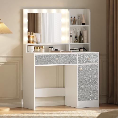 Vanity Desk with Mirror and Lights, Diamond Edition Vanity Desk, Makeup Vanity Table with 3 Drawers & 5 Open Shelves