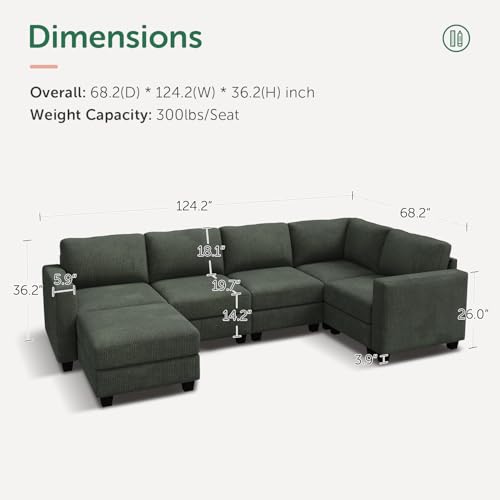 HONBAY Corduroy Modular Sectional Couch with Storage L-Shaped Sectional Couches for Living Room 6 Seater Modular Sofa, Dark Gray