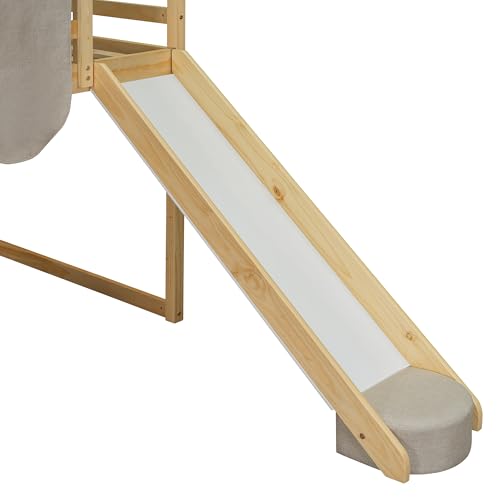 Harper & Bright Designs Kids Twin Low Loft Bed with Slide and Storage Shelves, Wood Playhouse Loft Bed Frame with a Tent & Stairs