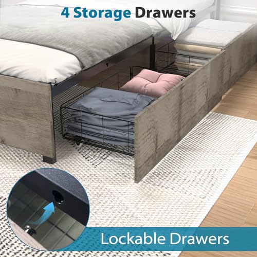 Queen Size Bed Frame with 4 Storage Drawers, LED Platform Bed with Headboard, Built in Charging Station, Noise Free, Stable and Solid