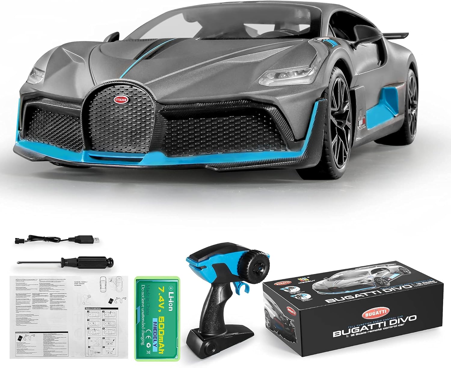MIEBELY Bugatti Remote Control Car – 1/12 Scale RC Car for Children and Adults – Realistic Bugatti Divo Car with Lights – Detachable Steering Ring