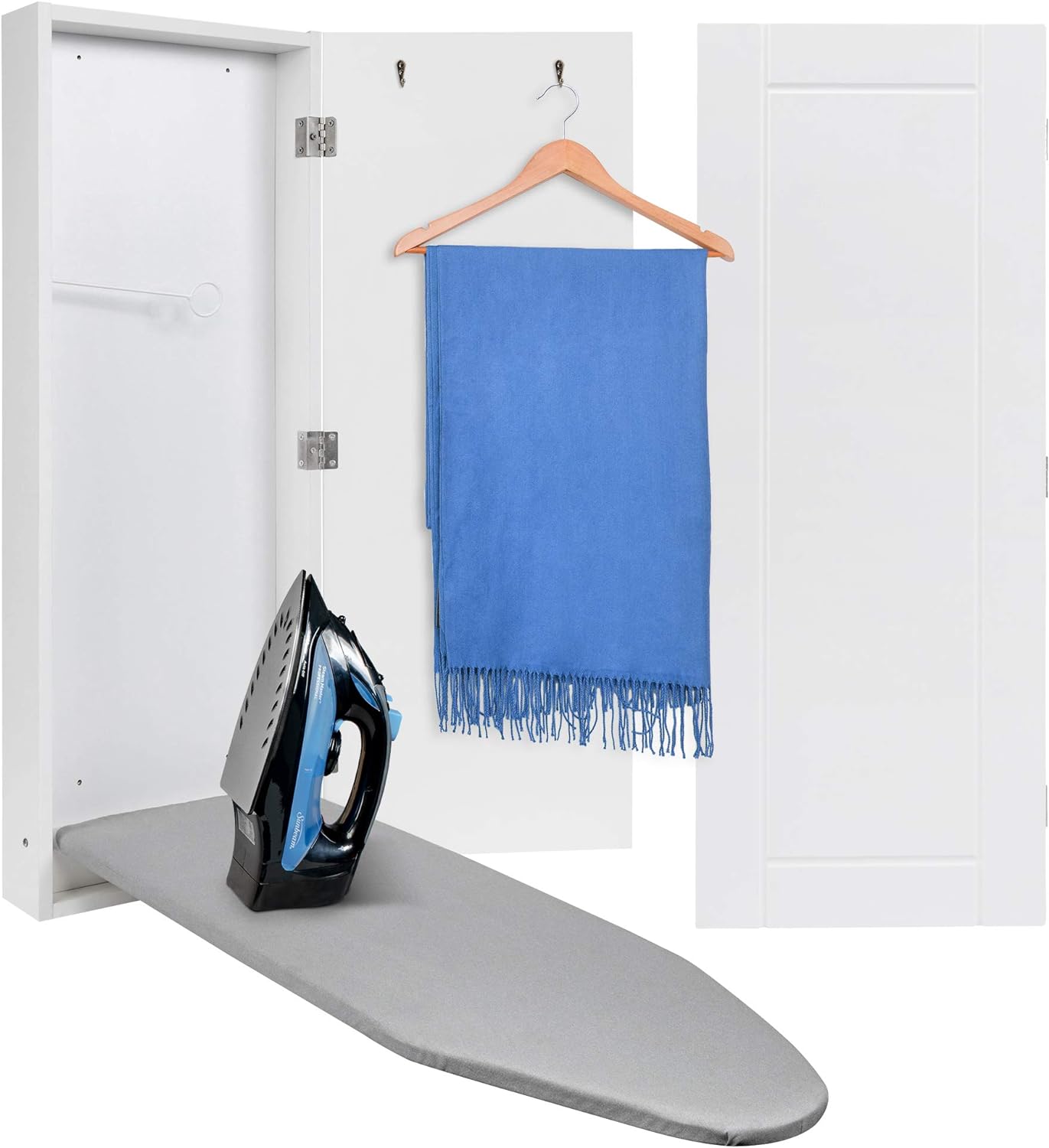 Ivation Wall Mounted Ironing Board Cabinet, Foldable Ironing Storage Station for Home, Apartment & Small Spaces, Easy-Release Lever, White
