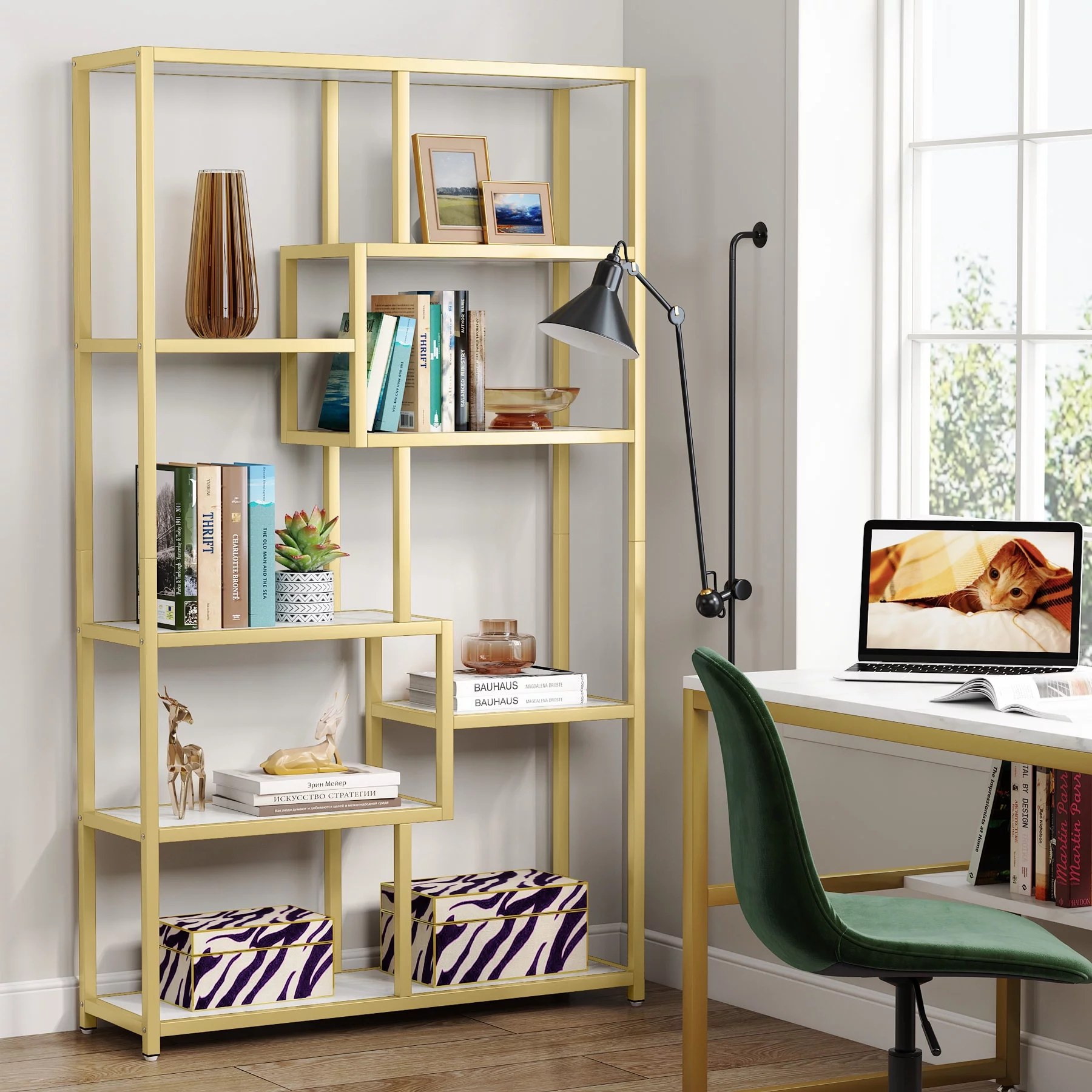 Tribesigns Modern Bookshelf, 8-Open Shelf Etagere Bookcase for Living Room, Home Office (White/Gold)