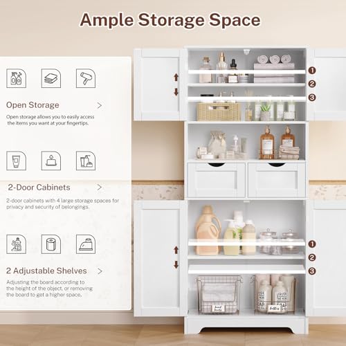 57.8“H Tall Bathroom Cabinet, Storage Cabinet with 2 Drawers & 2 Adjustable Shelves, Bathroom Storage Cabinet with 4 Doors