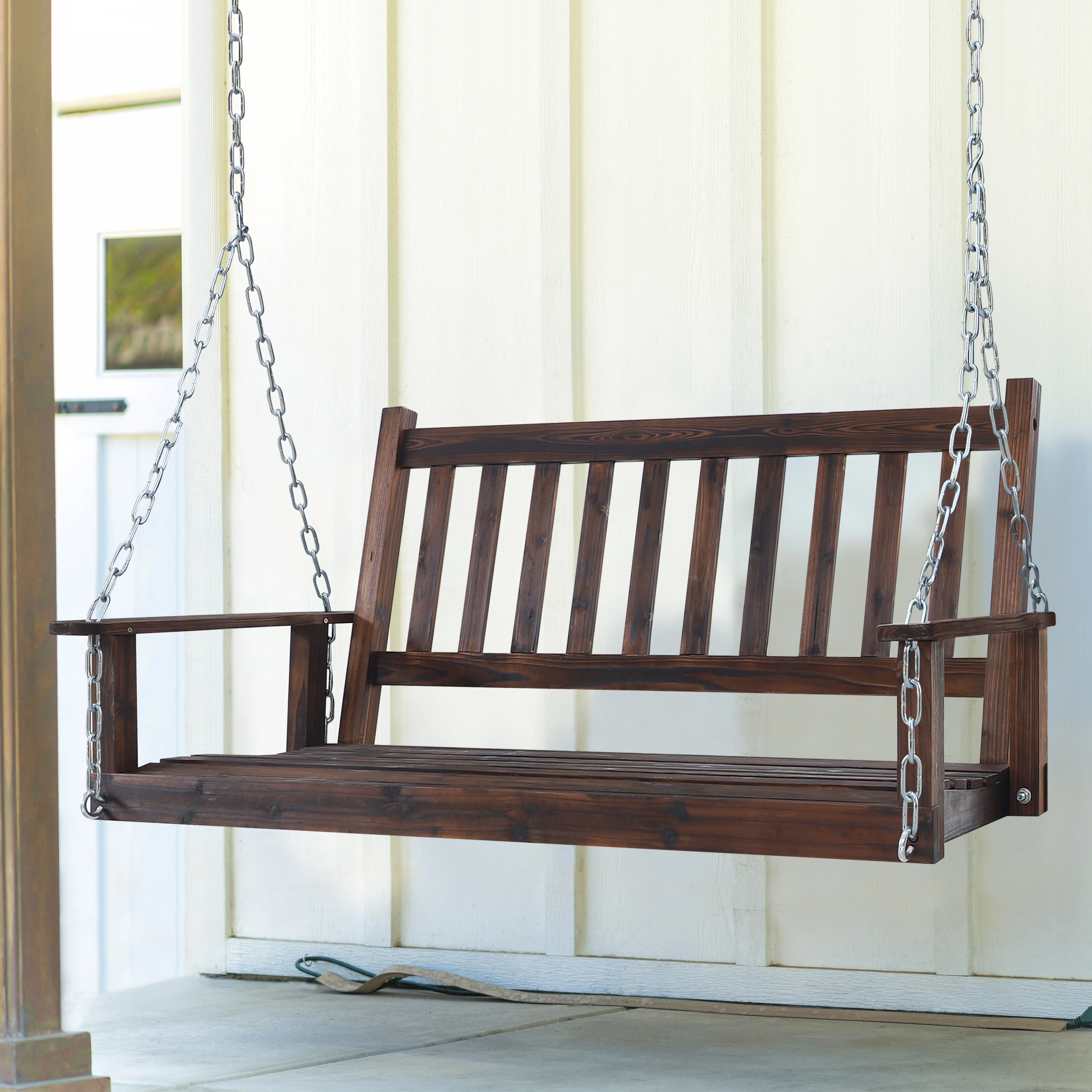 VEIKOUS Outdoor Wooden Porch Swing 4ft w/ Chains 2-person Swing Bench Chair for Patio, Rustic