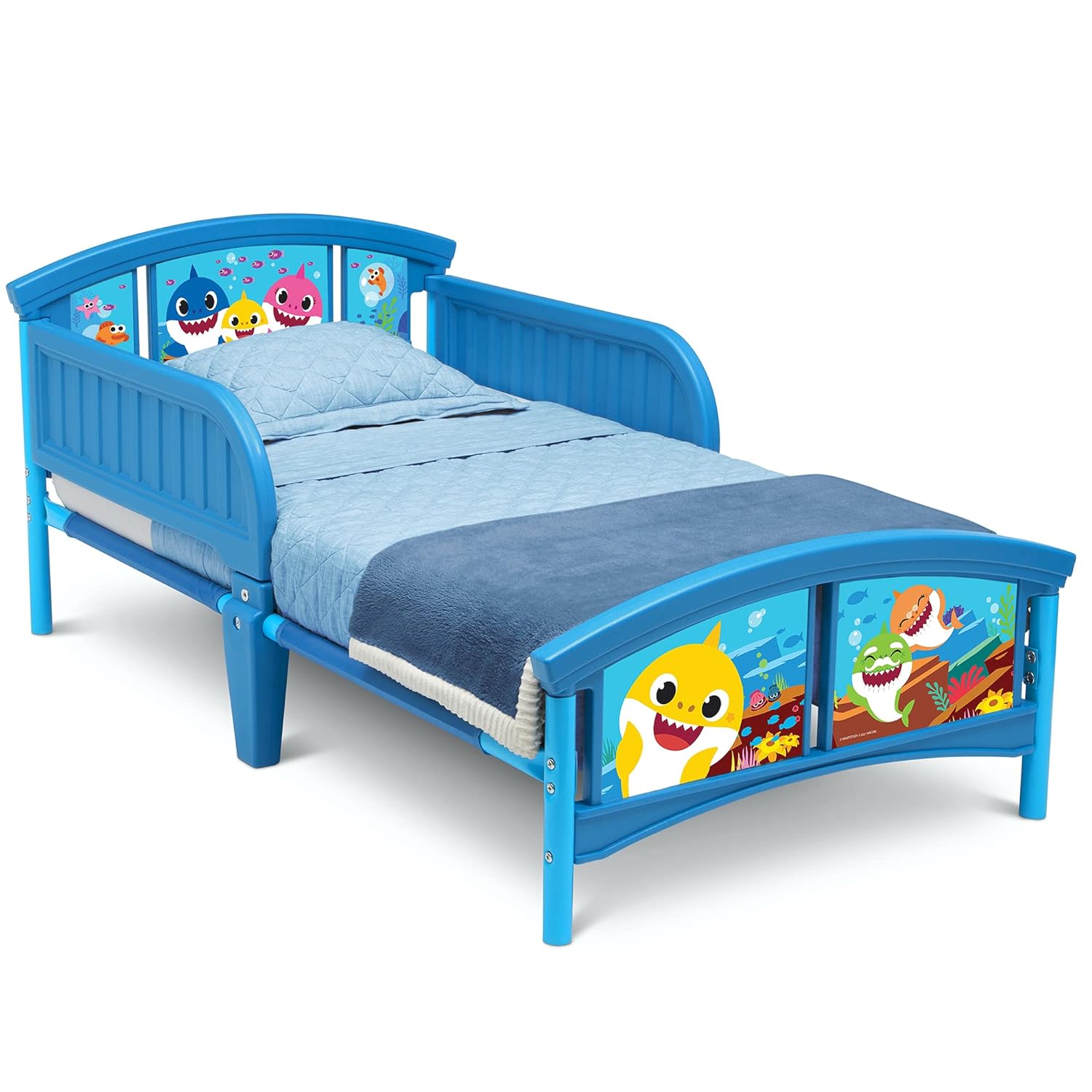 Delta Children Baby Shark Plastic Toddler Bed and Twinkle Galaxy Dual Sided Crib and Toddler Mattress Bundle