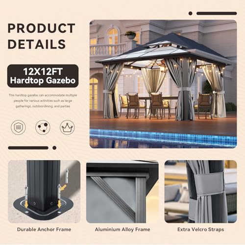 Aoxun 12'x16' Hardtop Gazebo, Aluminum Frame Permanent Pavilion with Netting and Curtains, Outdoor Polycarbonate Double Roof Canopy